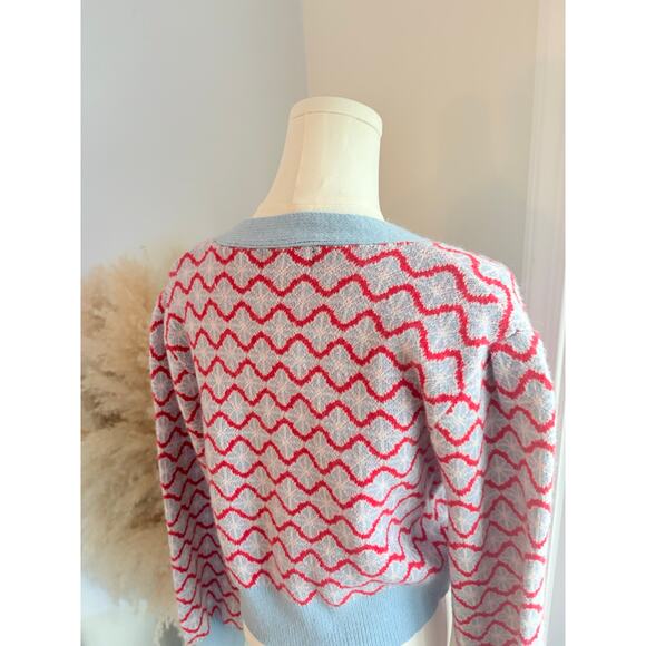 NWT Cider Wavy Button Up Crop Cardigan Sweater Womens XL Blue Red Retro Indie - Picture 6 of 8